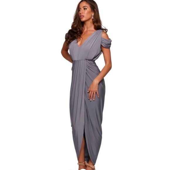 Pia Gladys Perey Dionne Dress Stretch Grey Gathered High Slit Fitted Size Large - Picture 2 of 15